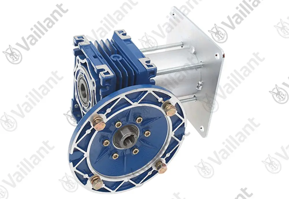 Getriebe von Vaillant in blau, mit runden Flansch und mehreren Schrauböffnungen. Eindeutige Bauform und Struktur.